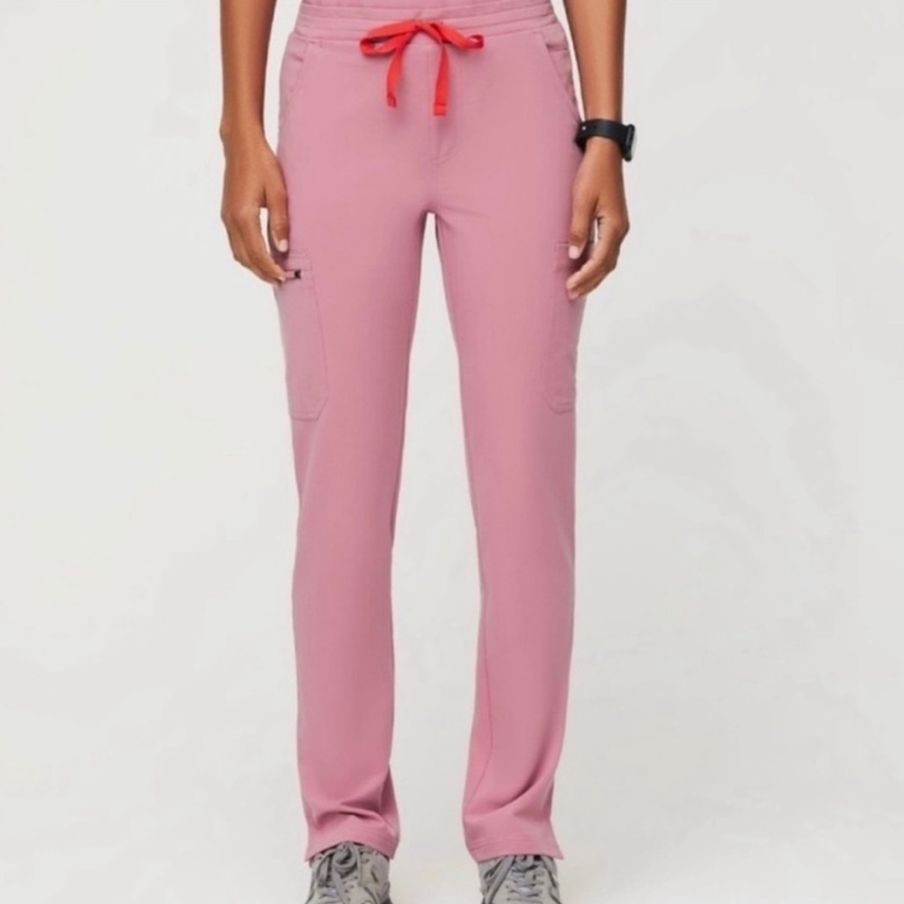 Figs Women's Pink Scrub Pants with Red Drawstring